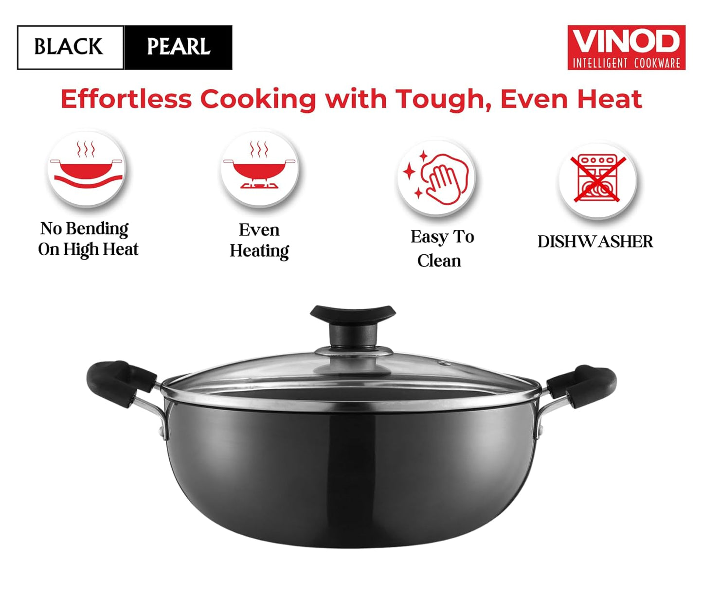 Vinod Black Pearl Hard Anodised Non Stick Deep Kadhai with Glass Lid - 9.5 LTR, 34 cm | 3.25mm Thickness | kadai for Cooking | Metal Spoon Friendly | 2 Year Warranty