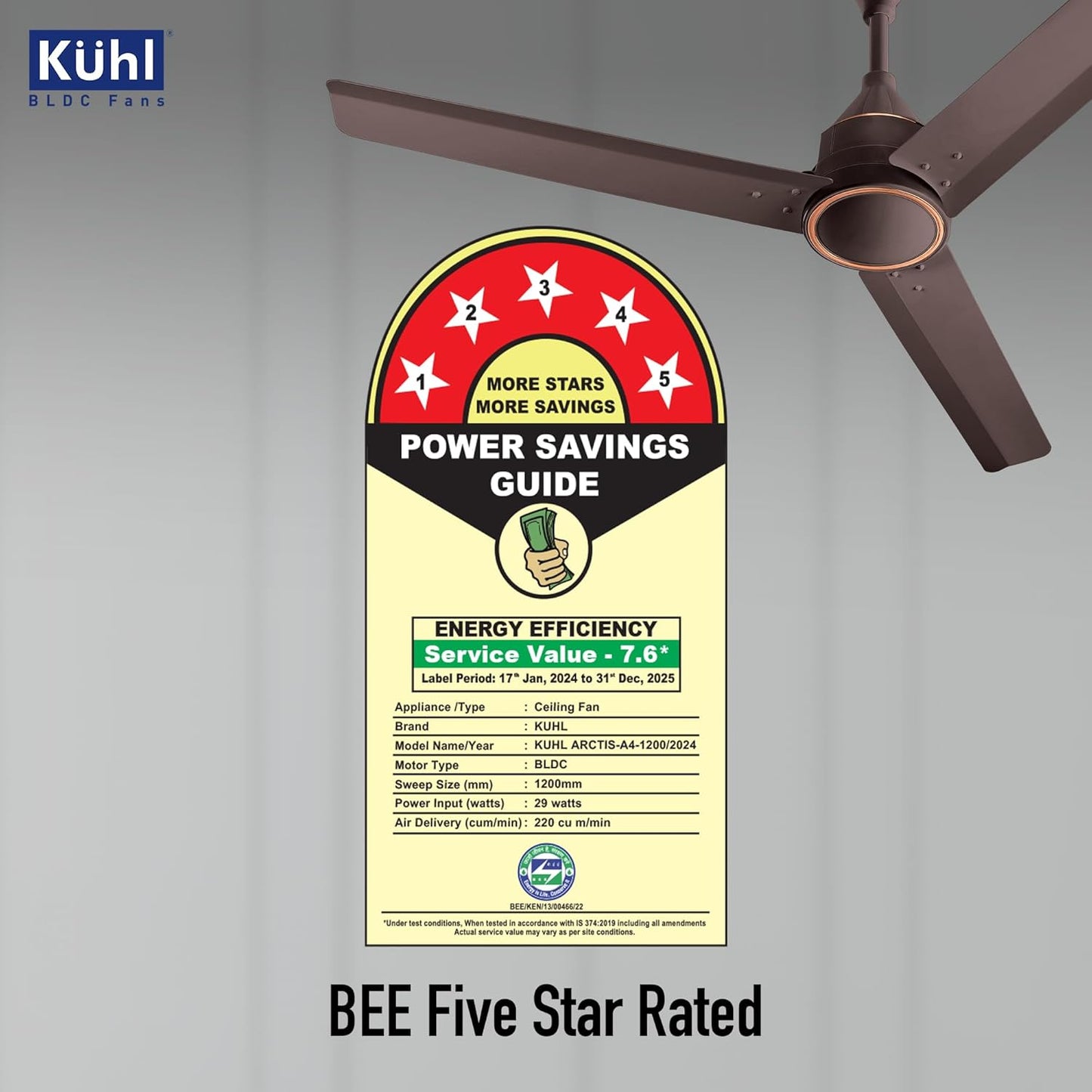 KUHL Arctis A4 1200 mm BLDC 65% Power Saving BLDC Ceiling Fan With Remote | BEE 5 Star Rated & ISI Marked | High Air Flow | 5 Year Warranty on Motor | Espresso | Free Installation