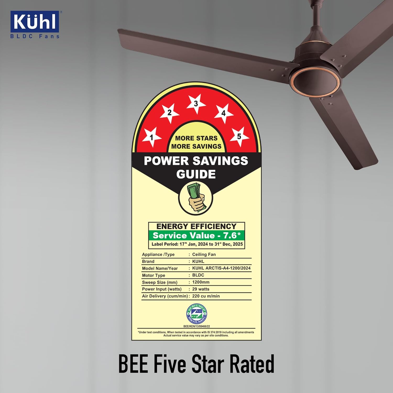 KUHL Arctis A4 1200 mm BLDC 65% Power Saving BLDC Ceiling Fan With Remote | BEE 5 Star Rated & ISI Marked | High Air Flow | 5 Year Warranty on Motor | Espresso | Free Installation