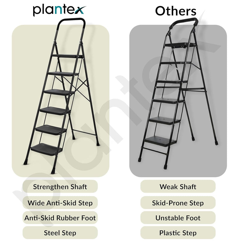 Plantex Alloy Steel 6 Step Ladder For Home/Foldable Strong Wide Step Ladder/Anti- Skid 6 Step Ladder - (Black & Grey)