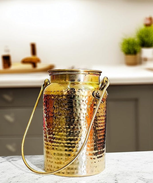 Sanskriti Decor Antique Pure Brass Oil - Ghee - Milk Can with Unique Shape Handle & Lid Barni,Milk Pot,Oil Can with Lid – 2.5 Litre (Height - 22Cm, Width -14Cm - Weight - 1000 gm)