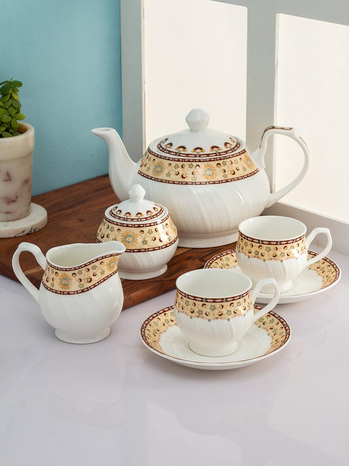 Clay Craft The Karina Fine Ceramic Tea Set of 15 Offers Elegance, Durability, and functionality
