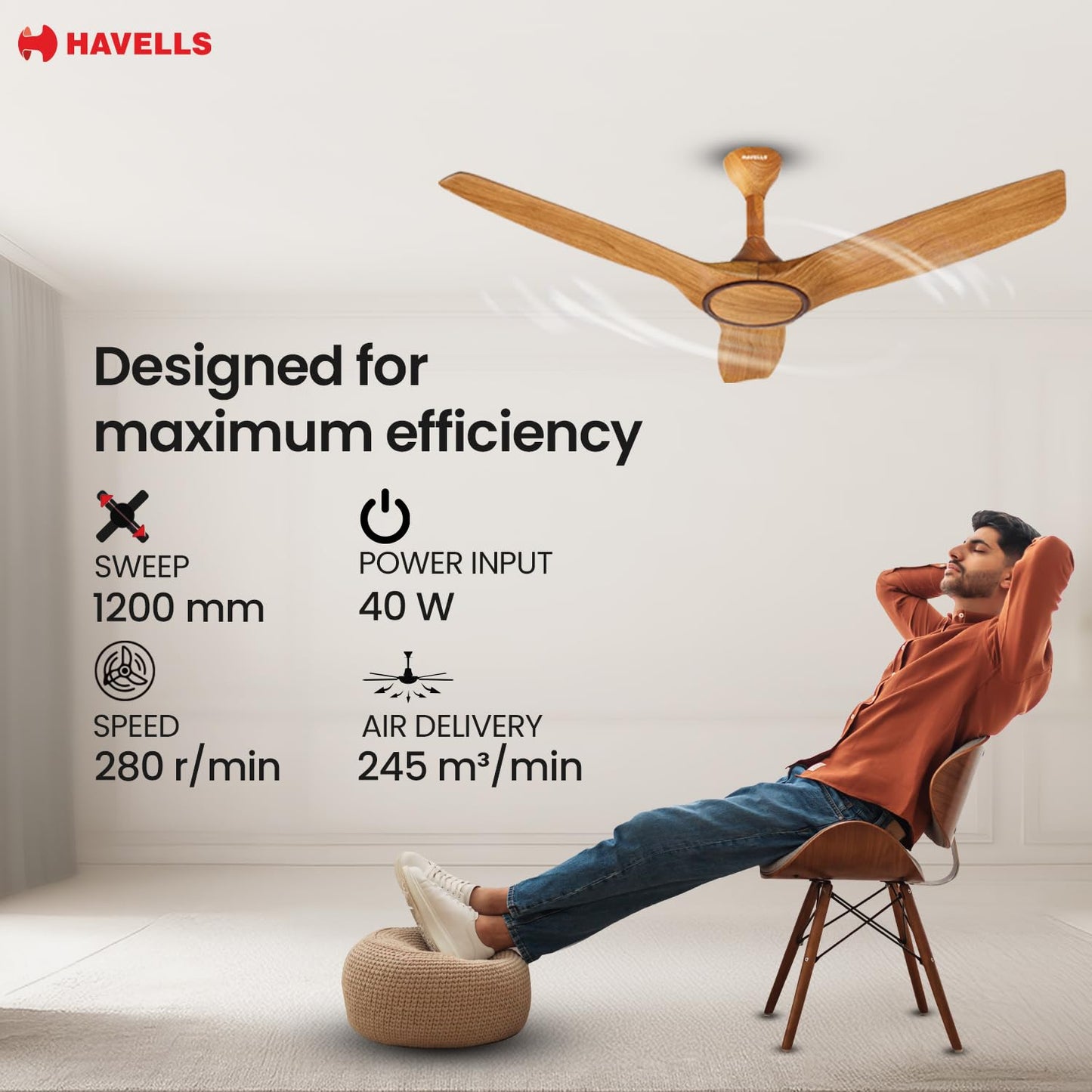 Havells Stealth Air BLDC Wood 1200mm Premium Ceiling Fan with 100% Pure Copper|5 Star Rating |Remote Controlled |Watt: 40|Air Flow: 245 cmm|Speed: 280 RPM|Free Installation|2 Year Warranty (Pinewood)