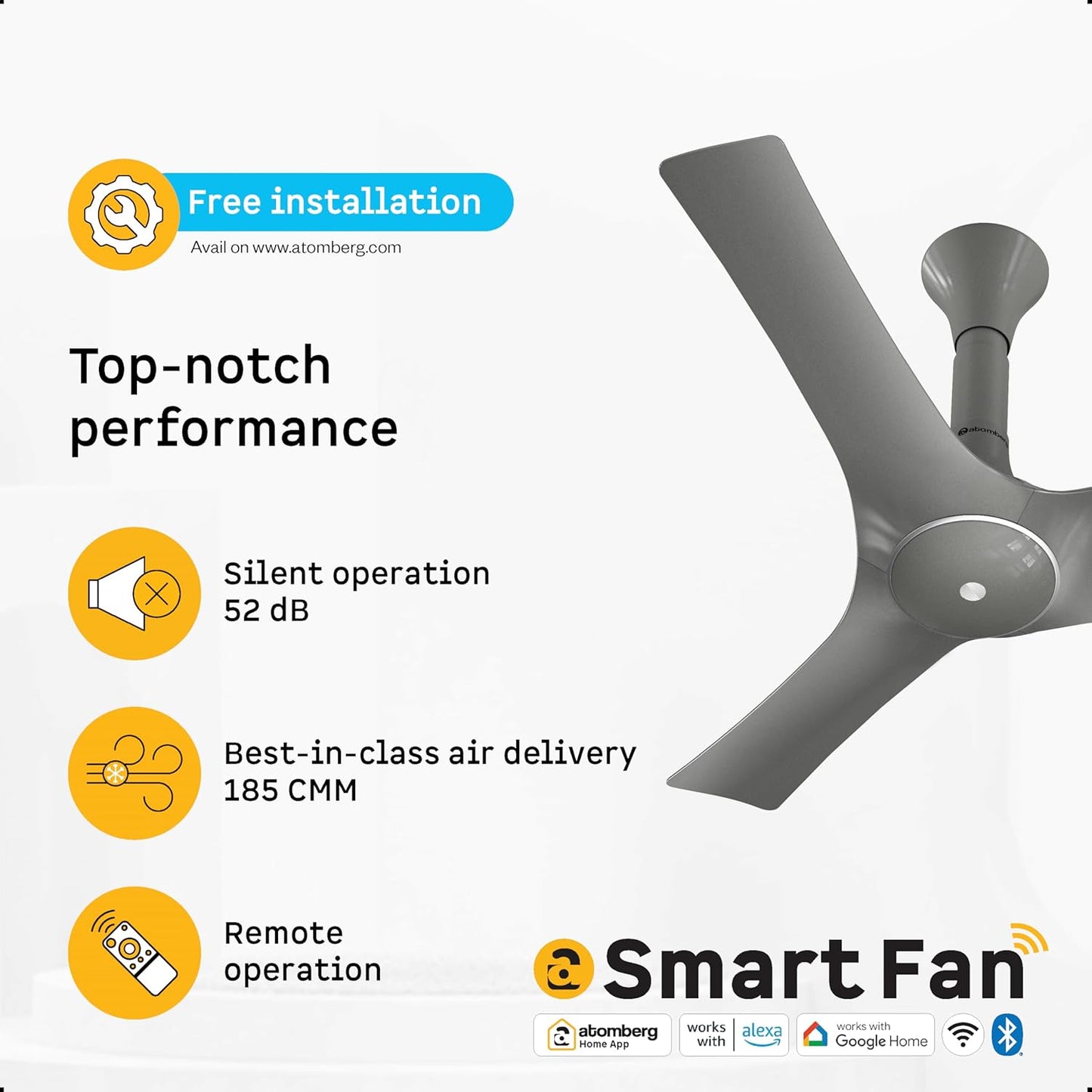 atomberg Aris Gladius Smart 900mm BLDC Ceiling Fan with IoT & Remote | BEE 5-Star | Advance Air+ Technology | Silent Operation | Energy Efficient | Free Installation | 5 Year Warranty (Sand Grey)