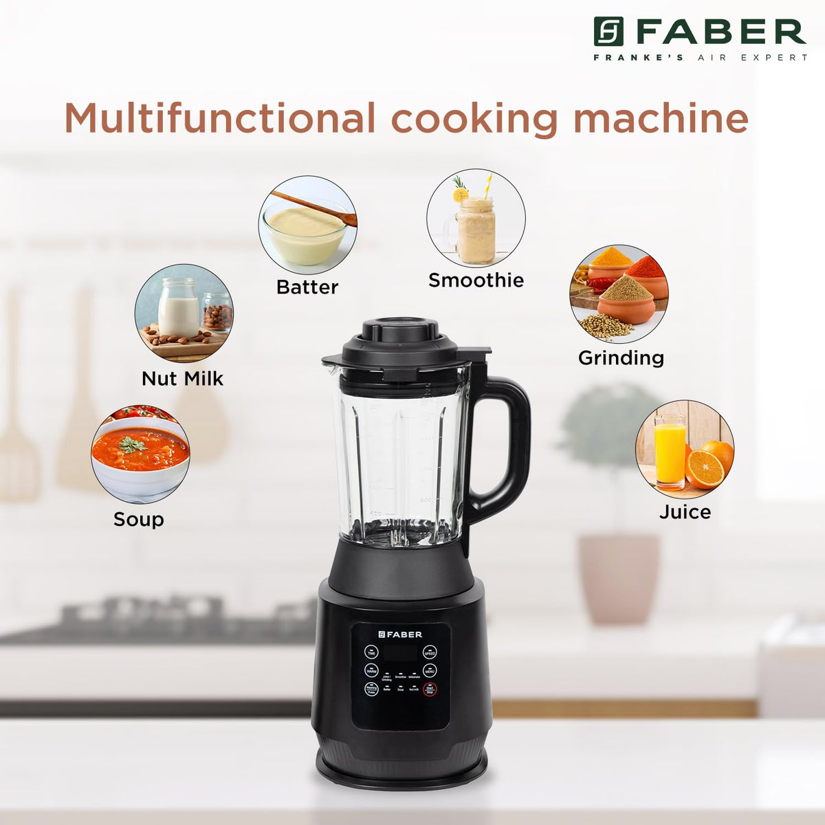Faber 1800W Digital Power Blender Mixer Grinder |6 Auto Cook Menu|Hot Soup Maker|850W Built-in Heater|Nut Milk|Dry Grind