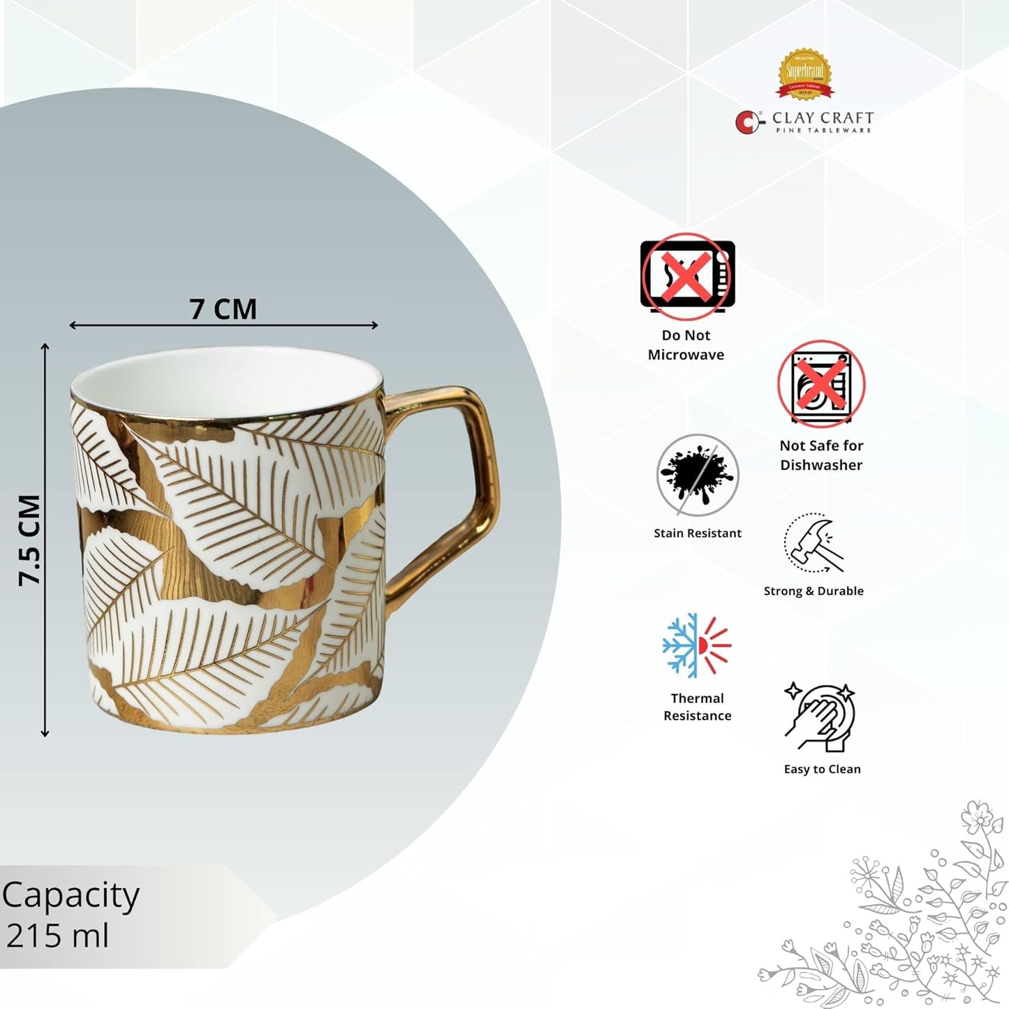 Clay Craft Fine Ceramic Director Coffee Mug Set of 6-215 Ml Each, Mugs for Coffee, Cups Set, Ideal for Gifting, Perfect for Home & Office, Elegant Ceramic Tea Cup Set (E612)