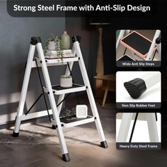 Plantex 3 Step Ladder for Home Use/Wide Anti-Slip Heavy-Duty Step Stool/Lightweight Kitchen Ladder 3 Step (White)-2