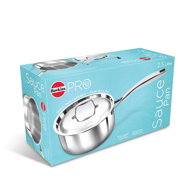 Hawkins Pro 2.5 Litre Sauce Pan, Triply Sauce Pan with Stainless Steel Handle and Stainless Steel Lid, Silver (PSSP25S)