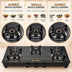 Faber 3 Burner 77cm Cooktop | 2 Jumbo + 1 small Brass Burners | Designer Matte Black Glass Finish |ABS Knobs| 5 Yrs Warr