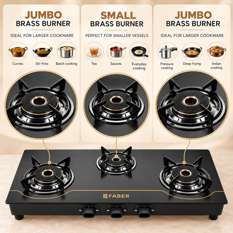 Faber 3 Burner 77cm Cooktop | 2 Jumbo + 1 small Brass Burners | Designer Matte Black Glass Finish |ABS Knobs| 5 Yrs Warr