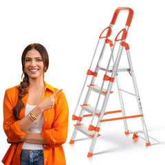 PROHOME Aluminium Ladder for Home 5 Steps Foldable with Railing & Anti-Skid Wide Steps | 5 Step Ladder for Home Use, Kitchen & Household | 250 Kg Capacity Folding Ladder | 5 Year Warranty (Orange)