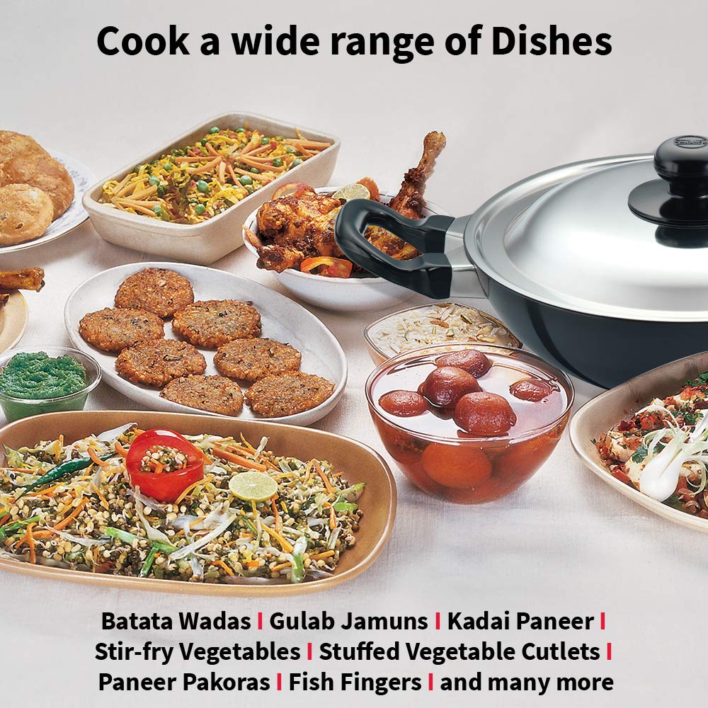 Hawkins Futura 1.5 Litre Deep Fry Pan, Non Stick Kadai with Stainless Steel Lid, Round Bottom Kadhai, Small Non Stick Kadai, Black (NK15S)