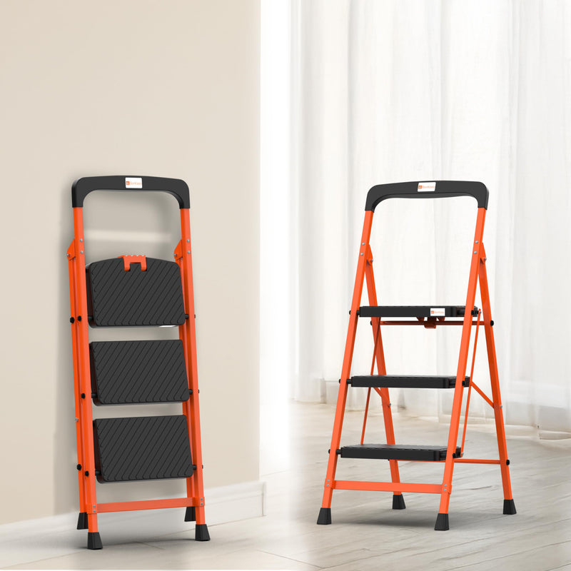 BonKaso Climb Easy 5 Step Heavy Duty Steel Folding Climbing Ladder for Home, Home & Office – with Safety Lock, Anti-Slip Wide Steps, Support Handle & Tool Tray (Orange & Black)