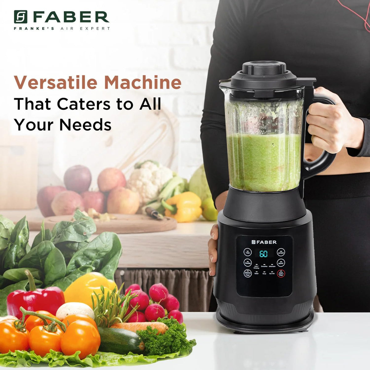 Faber 1800W Digital Power Blender Mixer Grinder |6 Auto Cook Menu|Hot Soup Maker|850W Built-in Heater|Nut Milk|Dry Grind