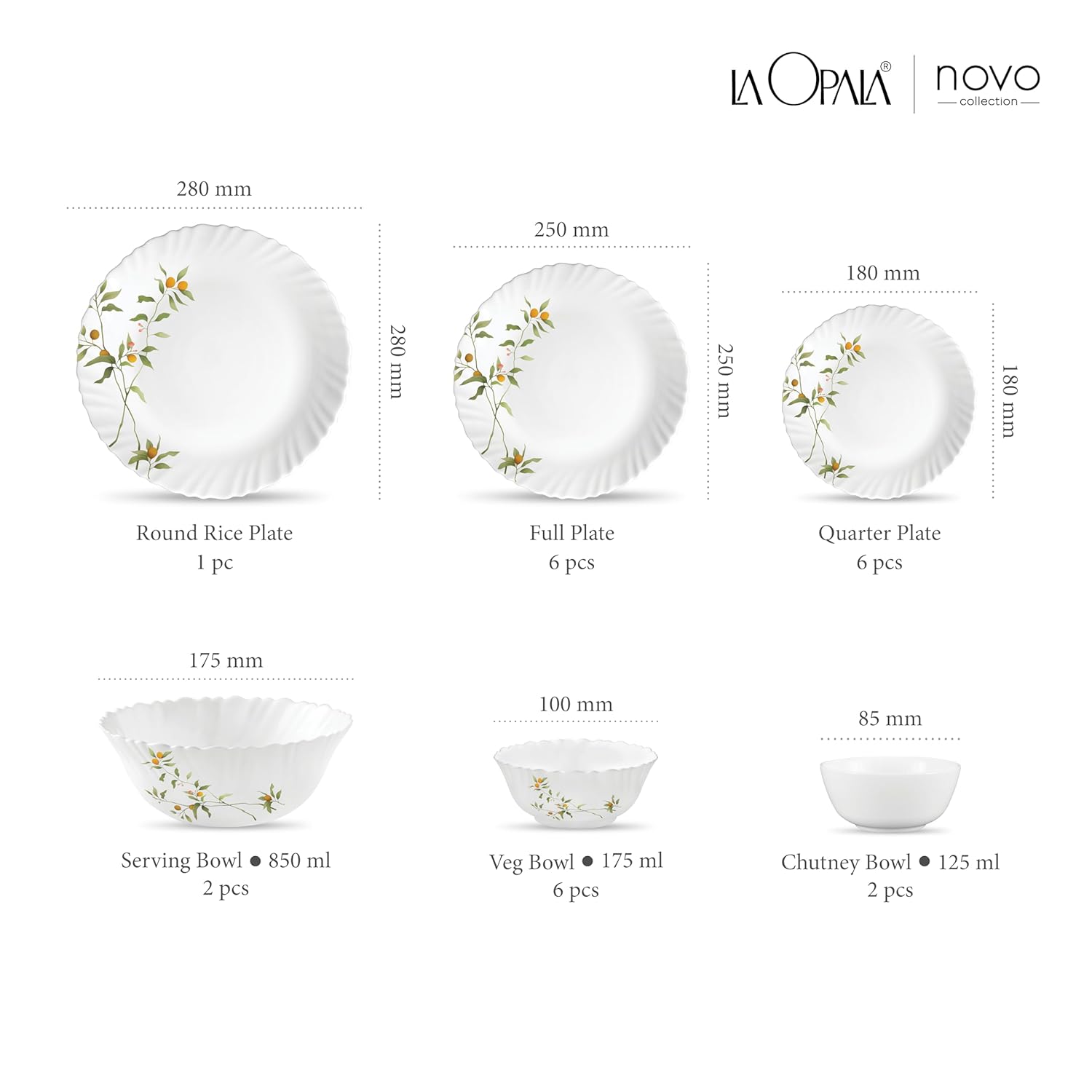 La Opala Novo Collection Opal Glass Crockery | for Family of 6 | Dinner Set 23 pcs Vivid Greens | Plates & Bowls for Dining | Microwave Safe | 100% Vegetarian | Extra Strong | Light & White