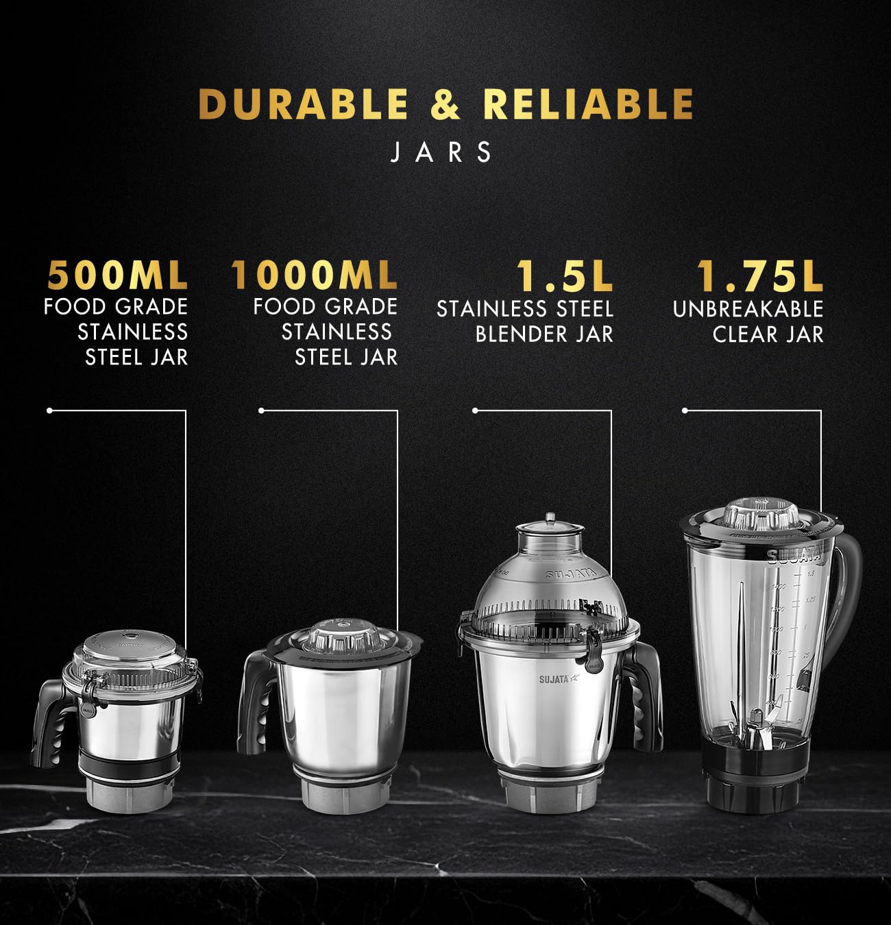 Sujata MG03 Mixer Grinder|1000 Watts Double Ball Bearing Motor|24000 RPM|Non-Stop 90 Mins Running|4 Jars including 1750ml Blender with Coconut Milk Extractor, 1500ml, 1000ml, 500ml Jar|Red & Black