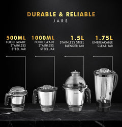 Sujata MG03 Mixer Grinder|1000 Watts Double Ball Bearing Motor|24000 RPM|Non-Stop 90 Mins Running|4 Jars including 1750ml Blender with Coconut Milk Extractor, 1500ml, 1000ml, 500ml Jar|Red & Black