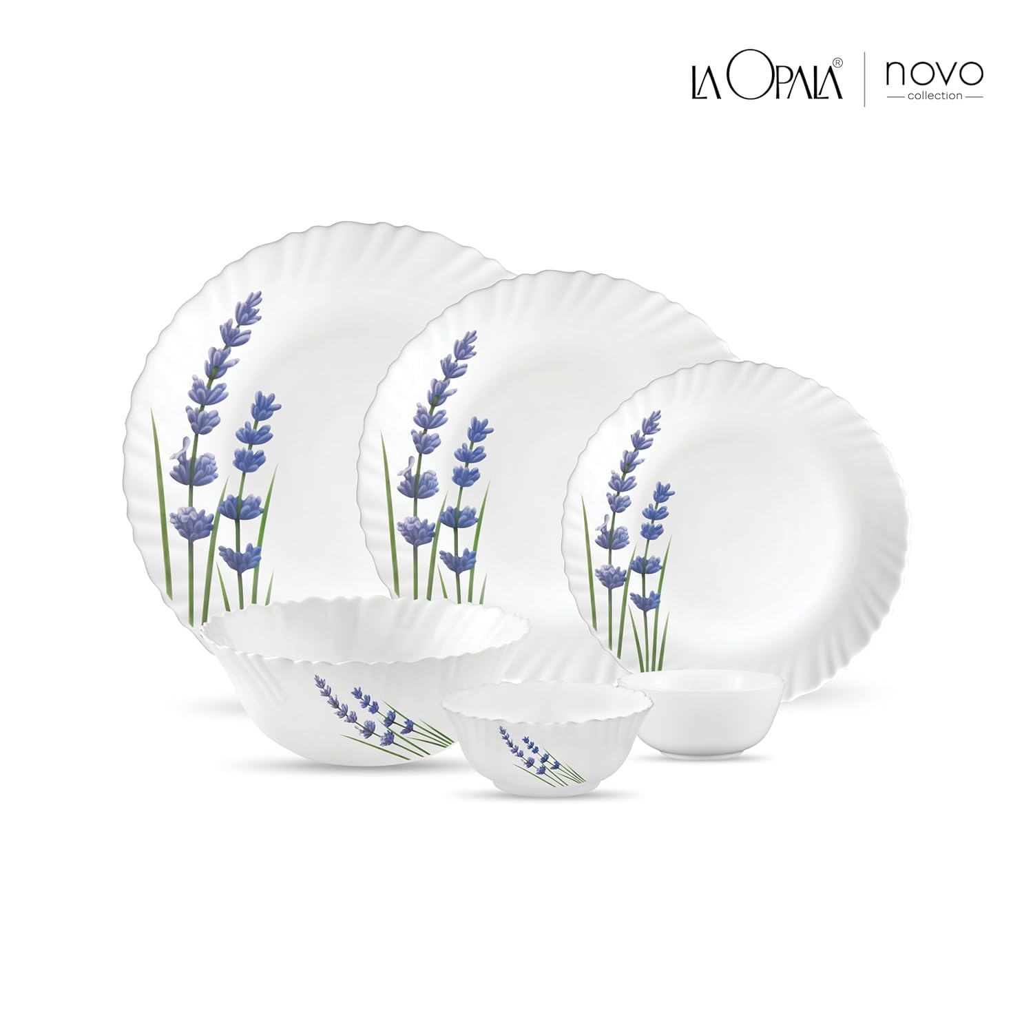 La Opala Novo Collection Opal Glass Crockery | for Family of 6 | Dinner Set 23 pcs English Lavender | Plates & Bowls for Dining | Microwave Safe | 100% Vegetarian | Extra Strong | Light & White