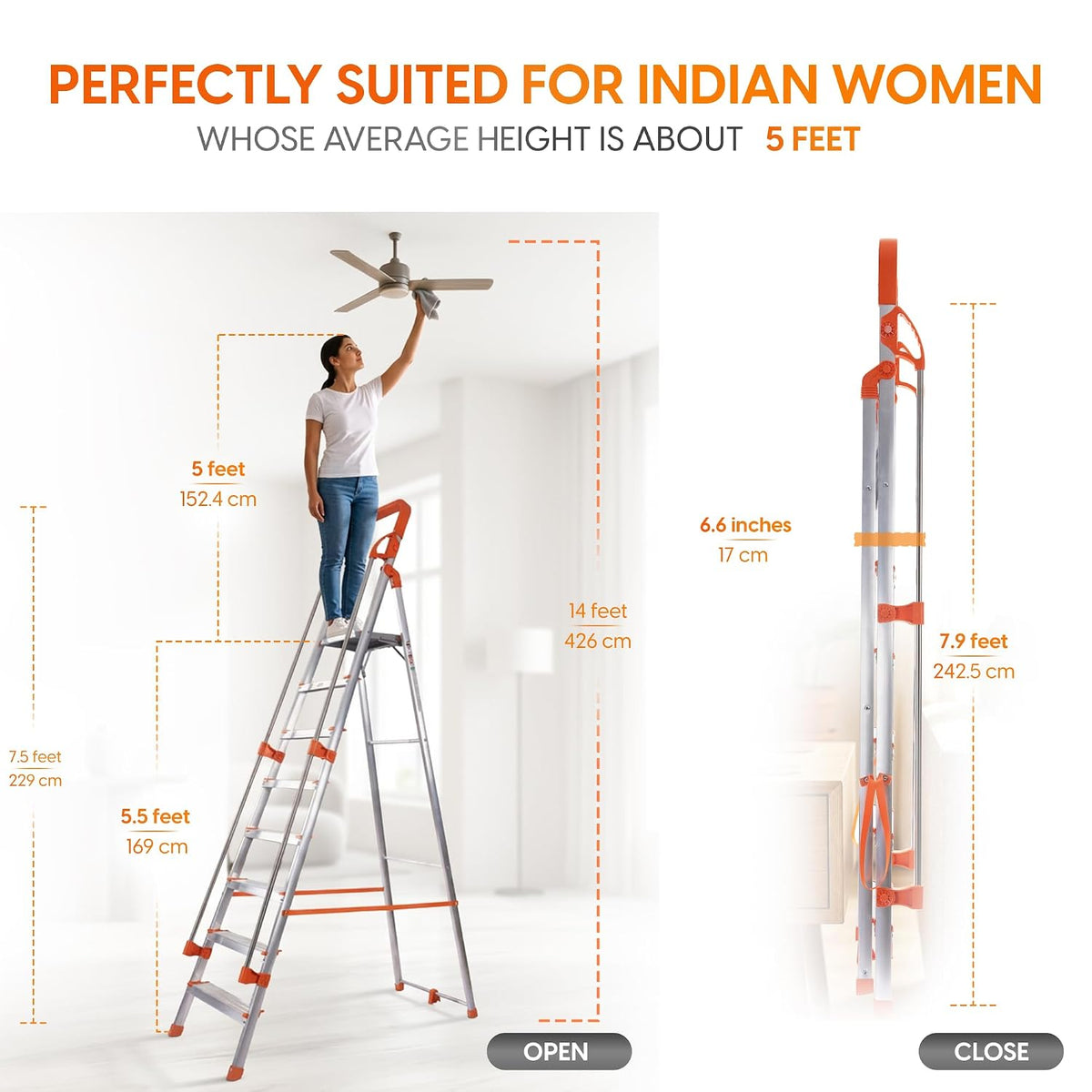 PROHOME Aluminium Ladder for Home 8 Steps Foldable with Railing & Anti-Skid Wide Steps | 8 Step Ladder for Home Use, Kitchen & Household | 270 Kg Capacity Folding Ladder | 5 Year Warranty (Orange)