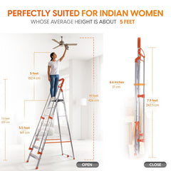 PROHOME Aluminium Ladder for Home 8 Steps Foldable with Railing & Anti-Skid Wide Steps | 8 Step Ladder for Home Use, Kitchen & Household | 270 Kg Capacity Folding Ladder | 5 Year Warranty (Orange)