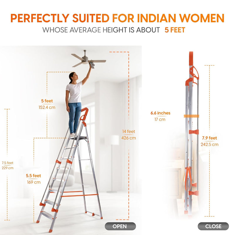 PROHOME Aluminium Ladder for Home 8 Steps Foldable with Railing & Anti-Skid Wide Steps | 8 Step Ladder for Home Use, Kitchen & Household | 270 Kg Capacity Folding Ladder | 5 Year Warranty (Orange)