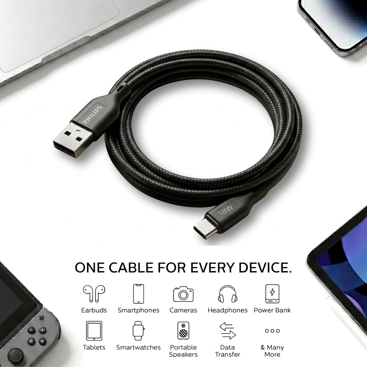 Philips DLC4150AB/94 18W Type-A to Type-C Fast Charging Cable (1.5m, Dark Slate)