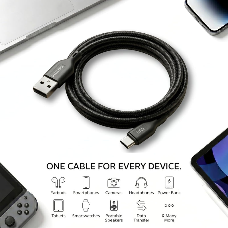Philips DLC4150AB/94 18W Type-A to Type-C Fast Charging Cable (1.5m, Dark Slate)