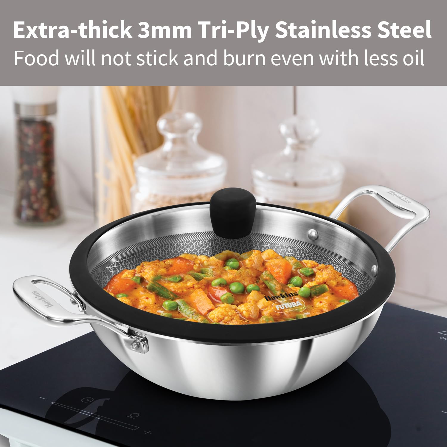 Hawkins Pro 3.5 Litre Shielded Nonstick Triply Deep-Fry Pan, Kadhai with Stainless Steel Handles and Glass Lid, Silver (PSNK35G), 26 cm