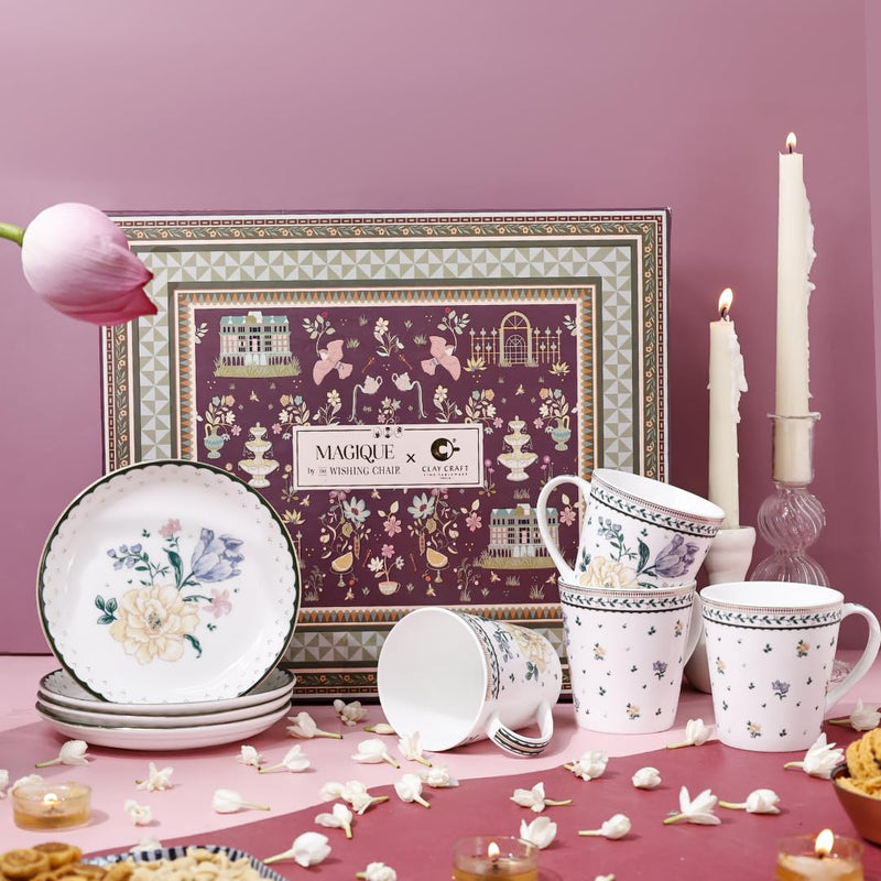 Magique by The Wishing Chair x ClayCraft : Emerald Ribbon - Amber Giftbox | Set of 4 Snack Plates & Serving Platter | Dishwasher Safe | Festive Gifting | GiftBox Packaging
