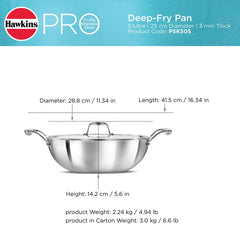 Hawkins Pro 5 Litre Deep-Fry Pan, Triply Stainless Steel Kadhai with Stainless Steel Handles and Stainless Steel Lid, Silver (PSK50S)