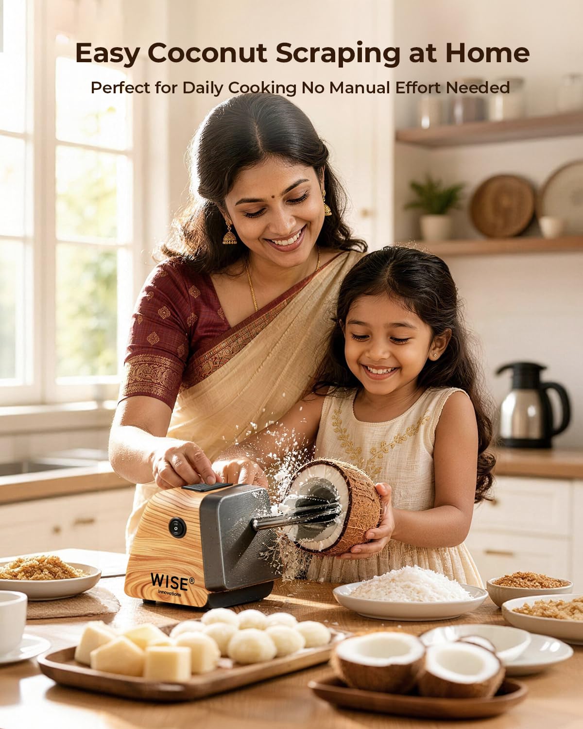 Wise Electric Coconut Scraper Machine with Vortex Blade, Dual Mode Switch, Anti-Skid Base, High Torque Motor for Fast Coconut Grating, Ideal for Kitchen, Home & Commercial Use