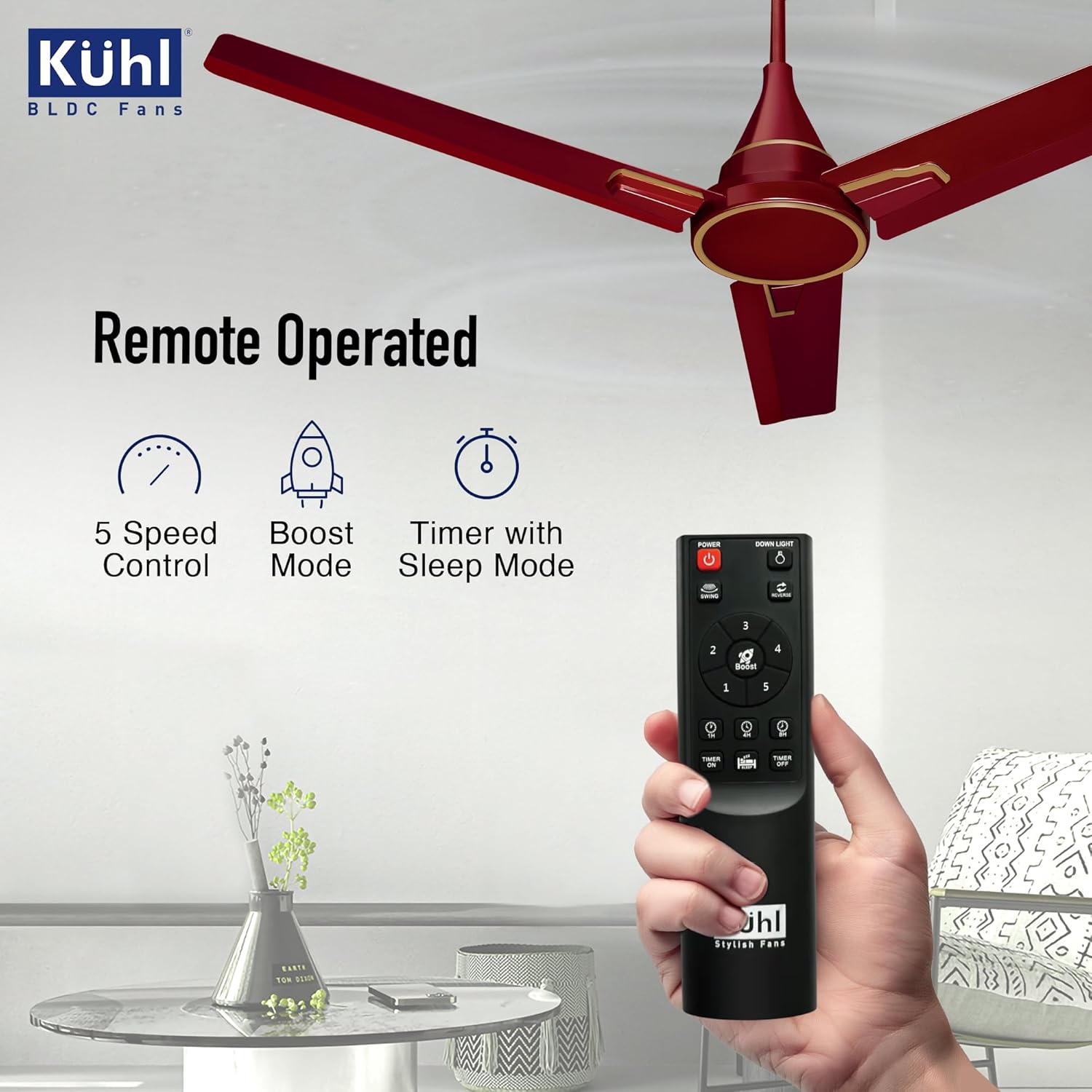 KUHL Prima A1 1200MM Decorative Power Saving BLDC Ceiling Fan With Remote | 29W | Saves Upto 65% Electricity | 5 stars | High Air Flow | Stylish Design | Brown