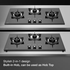 KAFF 3 Burners Built-in Hob & Hobtop with Digital Timer -8 MM |Auto Electric Ignition Glass Top| Enamelled Matt Finish, Easy Metal Grip Knobs, Toughened Glass (Black,78CM)