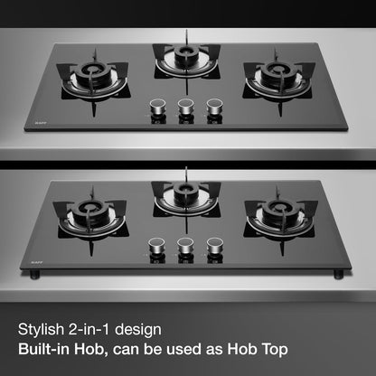 KAFF 3 Burners Built-in Hob & Hobtop with Digital Timer -8 MM |Auto Electric Ignition Glass Top| Enamelled Matt Finish, Easy Metal Grip Knobs, Toughened Glass (Black,78CM)