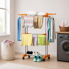 HOUZA Stainless Steel Clothes Drying Stand | 3 Layer Foldable Cloth Dryer Stand with Wheels | 6 Foldable Wings - Orange