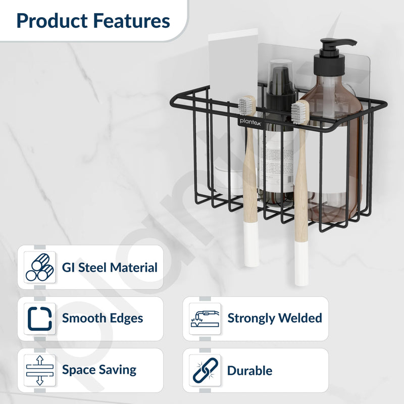 Plantex Self Adhesive Bathroom Shelf/Wall Mounted Storage Shelf/Rack/Toothbrush Holder with Kitchen Napkin Holder/Shelf for Bathroom/Kitchen Storage Stand Rack Shelf - (Black)-2
