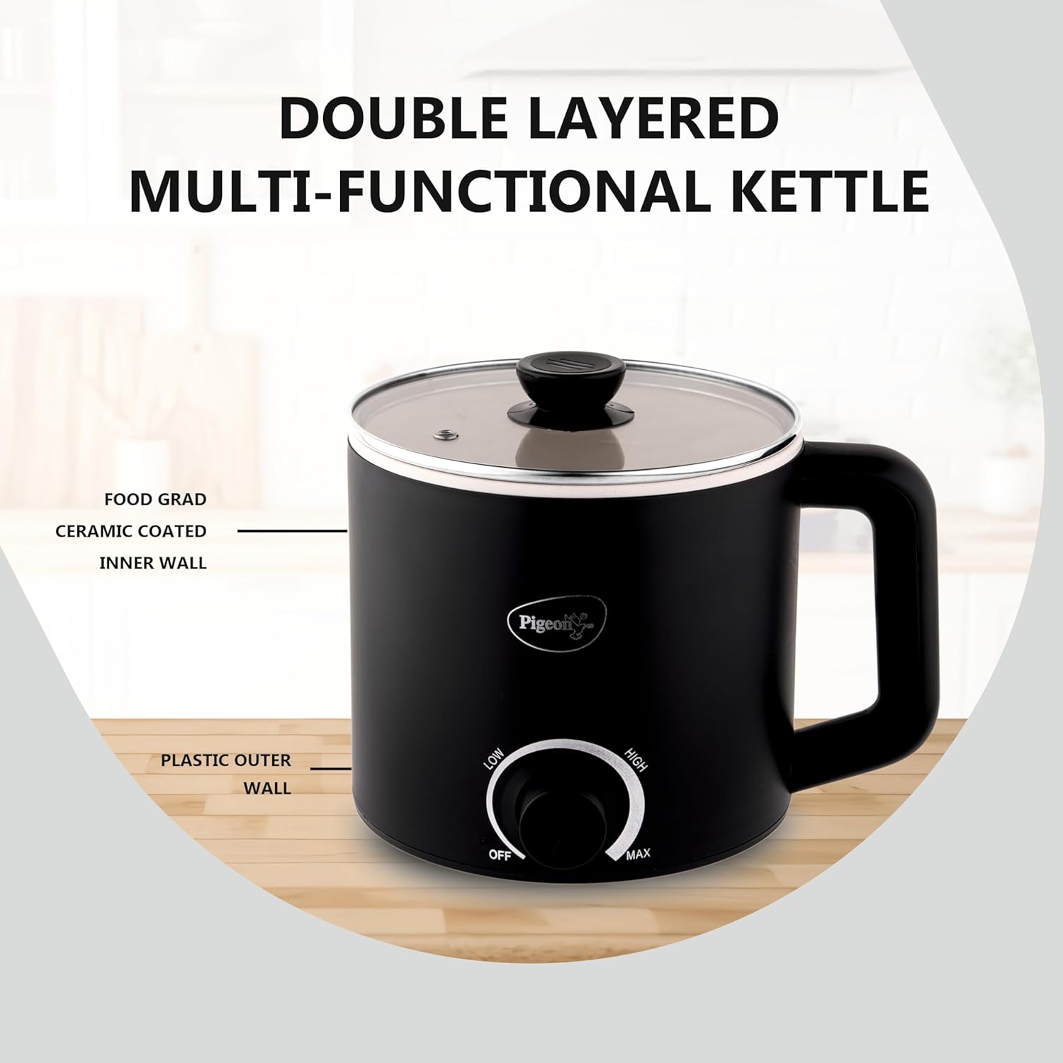 Pigeon By Stovekraft Swift Multi-Cook Kettle 1.5L, Egg Rack - Black | Double Layered | Food Grade Stainless Steel Inner Wall | Glass Lid | Auto Shut-Off, 600 Watts