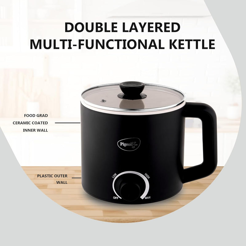 Pigeon By Stovekraft Swift Multi-Cook Kettle 1.5L, Egg Rack - Black | Double Layered | Food Grade Stainless Steel Inner Wall | Glass Lid | Auto Shut-Off, 600 Watts