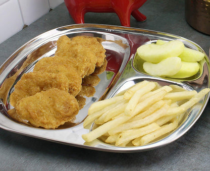 Dynore Stainless Steel 3 in 1 Three Compartment Rectangular Nasta/Snacks/Kids Nasta Plate/Partition Plate- Set of 6