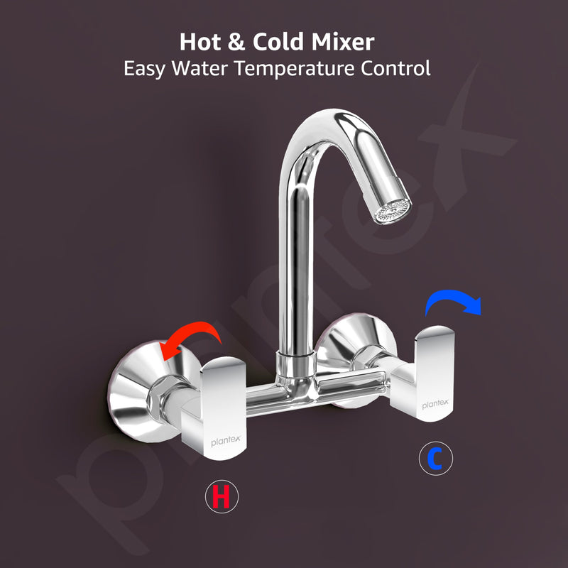 Plantex Sink Mixer for Kitchen with Brass Spindle/360 Degree Rotating Spout/Hot & Cold Water Mixer/Wall Mount Sink Mixer with Teflon Tap - Pack of 1 (Chrome, Kroma)-5