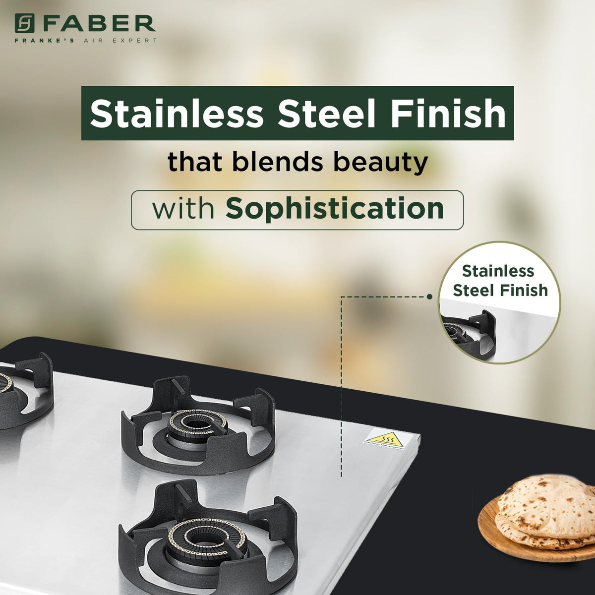 Faber Ember Stainless Steel Cooktop | 4 Brass Burners (Jumbo, 2Medium & Small |Manual Ignition | Diamond-Coated Pan Supp