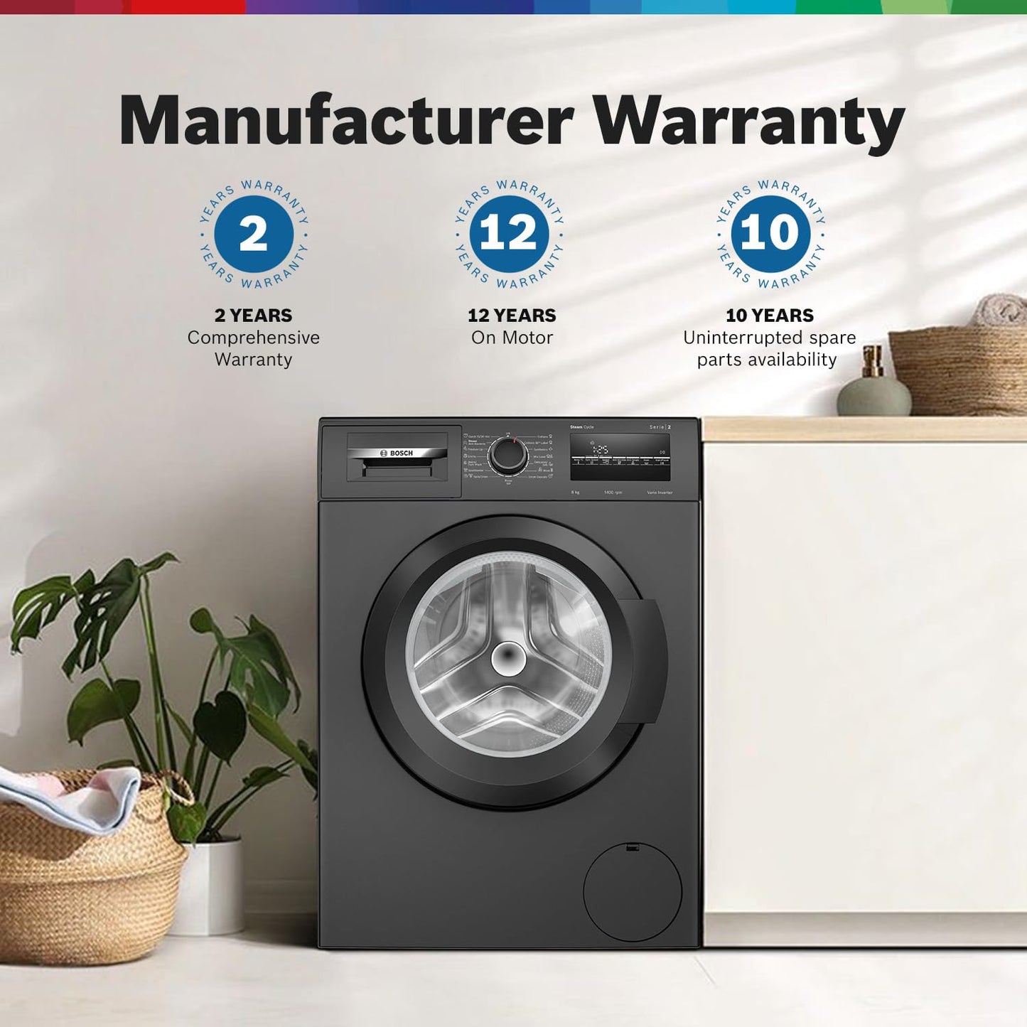 Bosch 8 kg 5 Star Fully-Automatic Front Loading Washing Machine (WAJ2826CIN, Black Grey, AI active water plus, In-Built Heater)