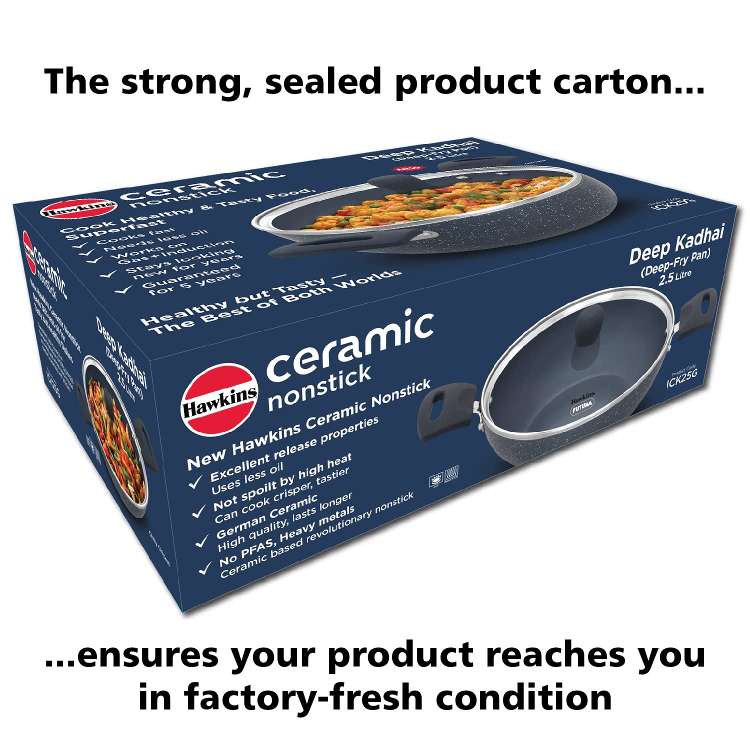 Hawkins Ceramic Nonstick 2.5 Litre Deep Kadhai, Induction Deep Fry Pan with Glass Lid, Granite Kadai (ICK25G)