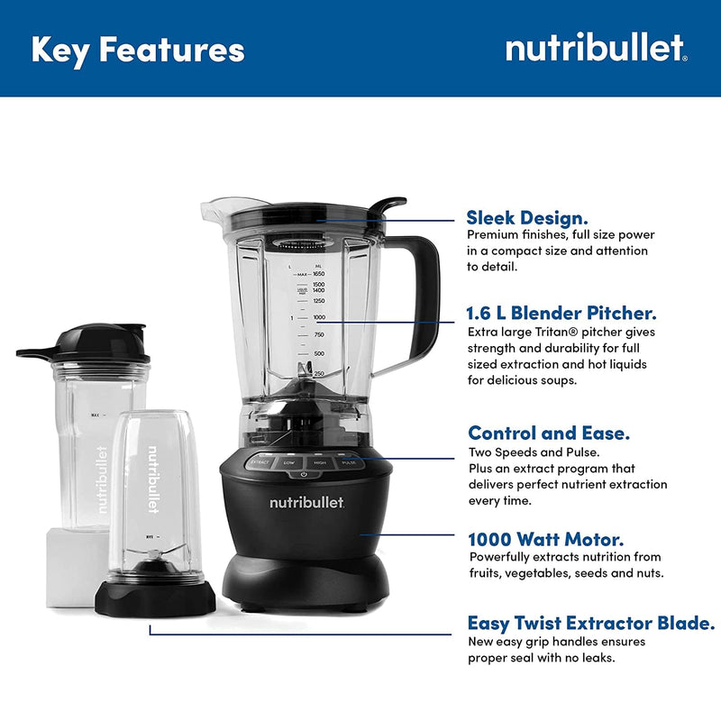 Nutribullet 1000W Combo Blender, USA #1 Mixer, Grinder, Smoothie Maker, Food Processor, "The Original Nutribullet", 3 Unbreakable Jars, 1.6L Extra Large Pitcher & Tamper, 2yrs warranty (Dark Grey)