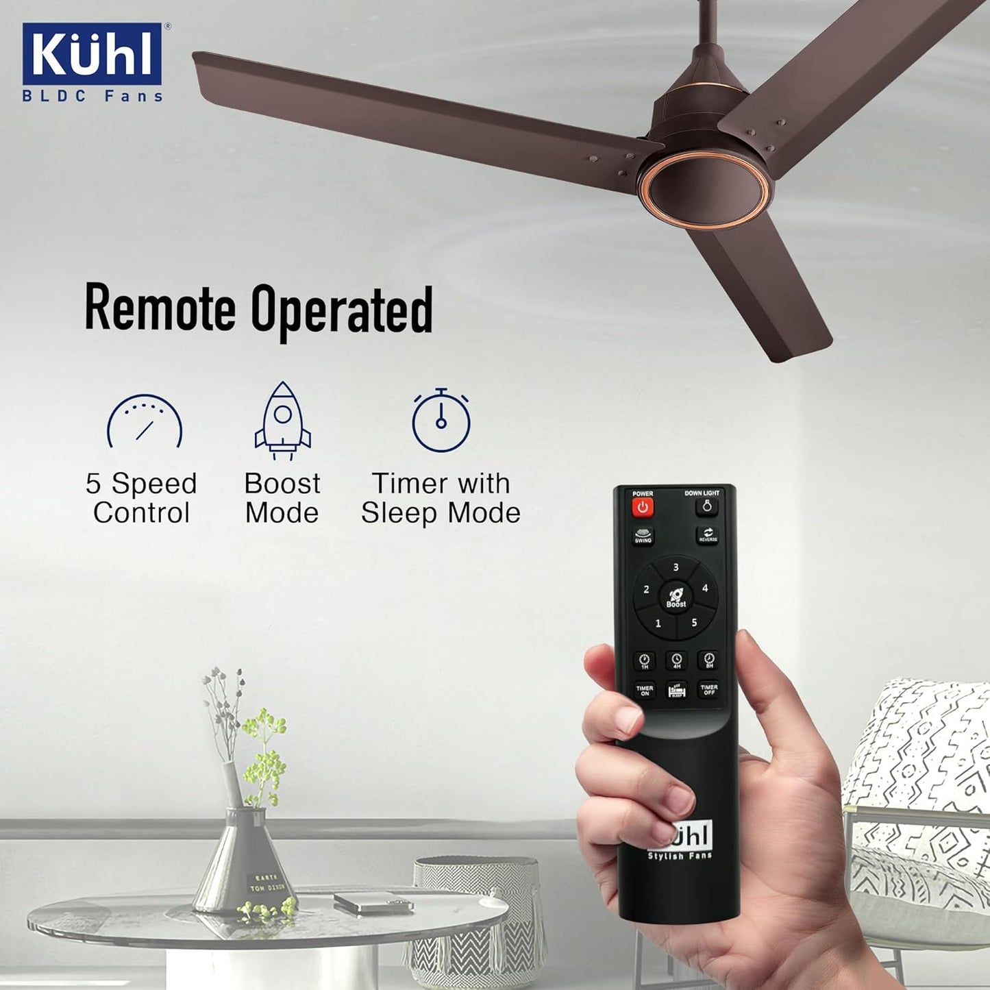 KUHL Arctis A4 1200 mm BLDC 65% Power Saving BLDC Ceiling Fan With Remote | BEE 5 Star Rated & ISI Marked | High Air Flow | 5 Year Warranty on Motor | Espresso | Free Installation