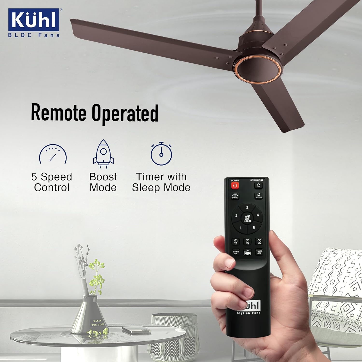 KUHL Arctis A4 1200 mm BLDC 65% Power Saving BLDC Ceiling Fan With Remote | BEE 5 Star Rated & ISI Marked | High Air Flow | 5 Year Warranty on Motor | Espresso | Free Installation