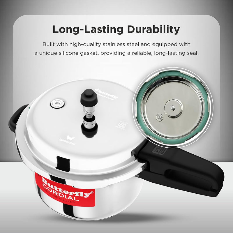 Butterfly Cordial 2L, 3L & 5L SS Pressure Cooker Combo | Stainless Steel | Induction & Gas Stove Compatible| ISI Certified| Triple Safety System| Silver