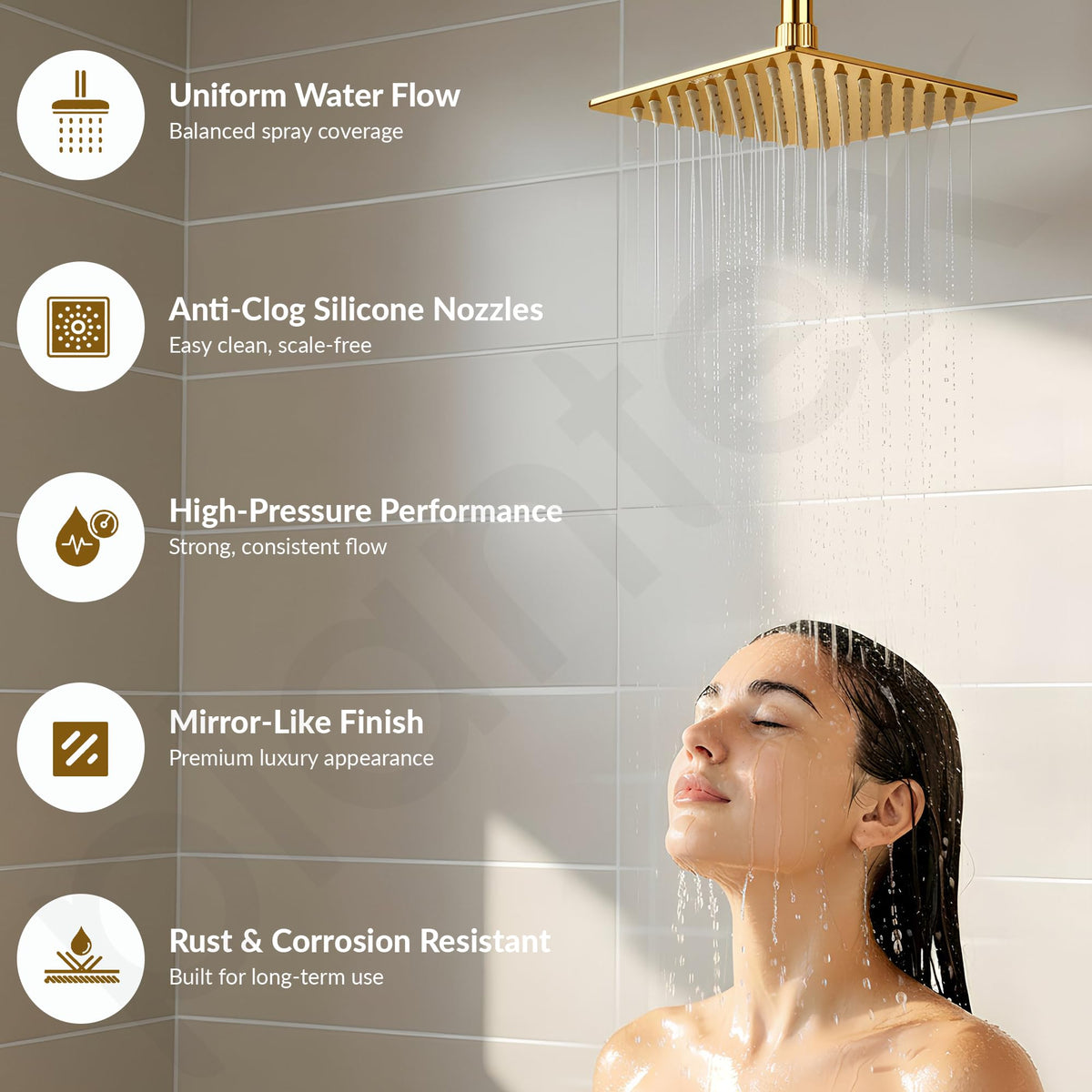 Plantex Stainless Steel Overhead Shower 6 x 6 inch with Water-Saving Technology/High pressure Rain Shower Head without Arm/Bathroom Shower -(Ultra Slim-PVD Gold)-6