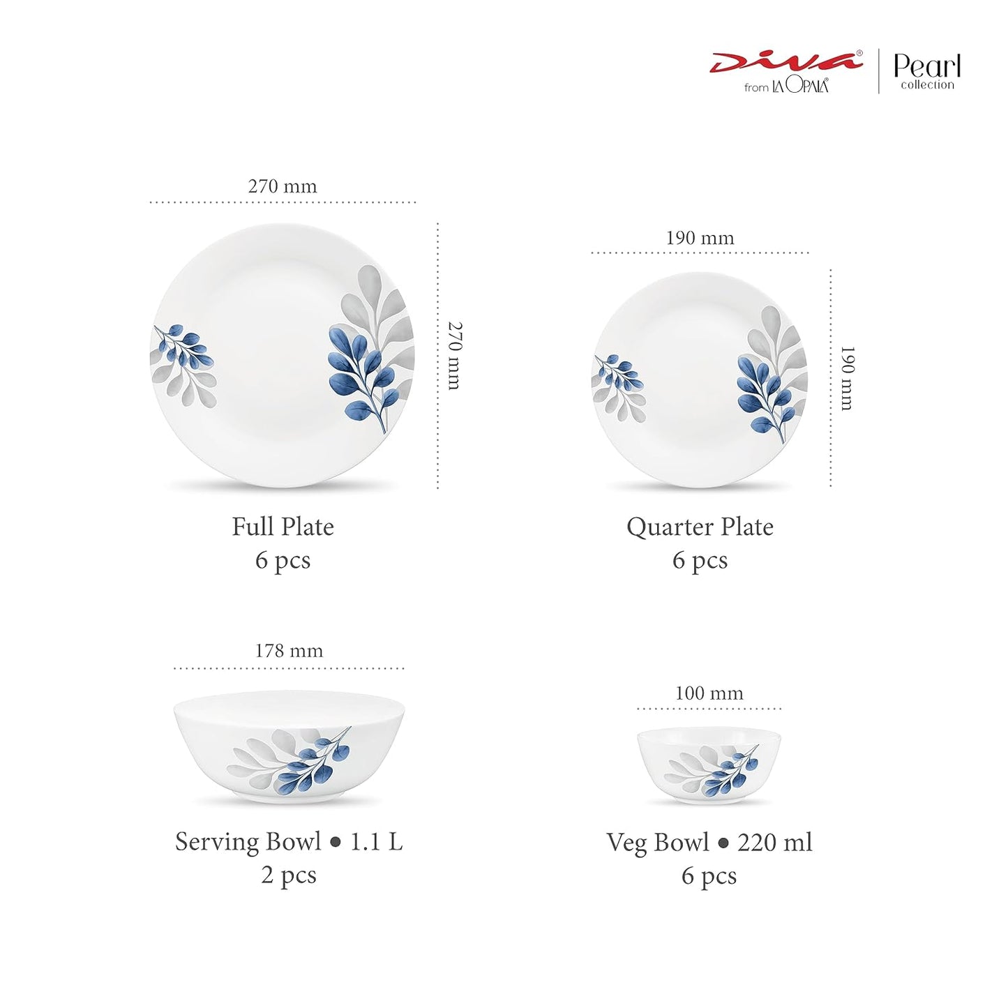 Diva by La Opala, Pearl Collection, Opal Glass Dinner Set 20 pcs, Indigo Bliss, White