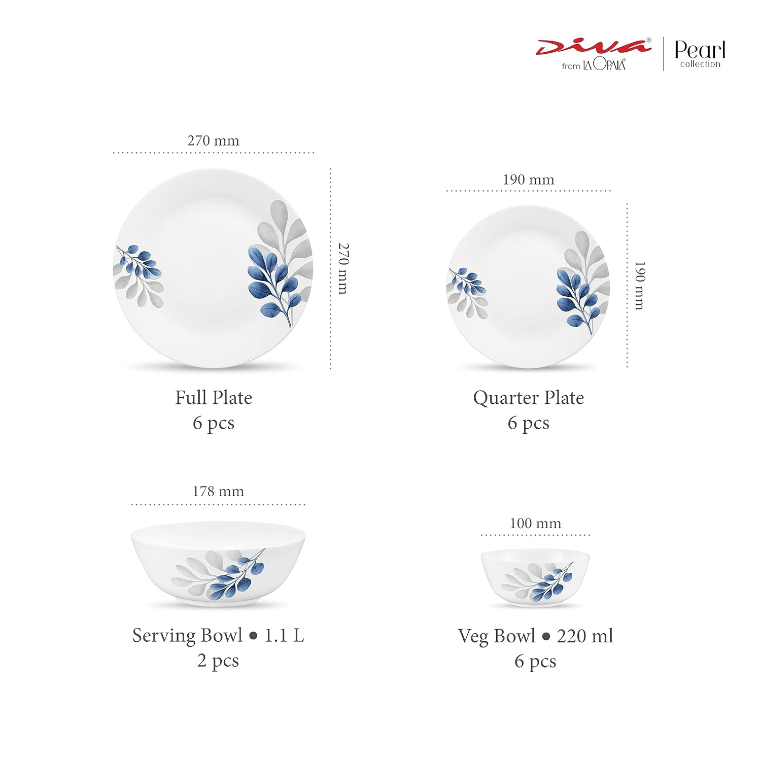 Diva by La Opala, Pearl Collection, Opal Glass Dinner Set 20 pcs, Indigo Bliss, White